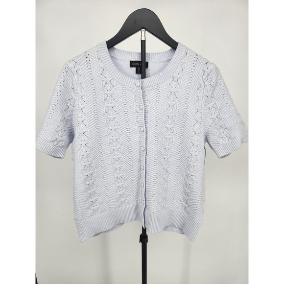 Amore Rose Sweaters - Amore Rose Womens Light Blue Short Sleeve Pointelle Knit Cardigan Sweater Size M
